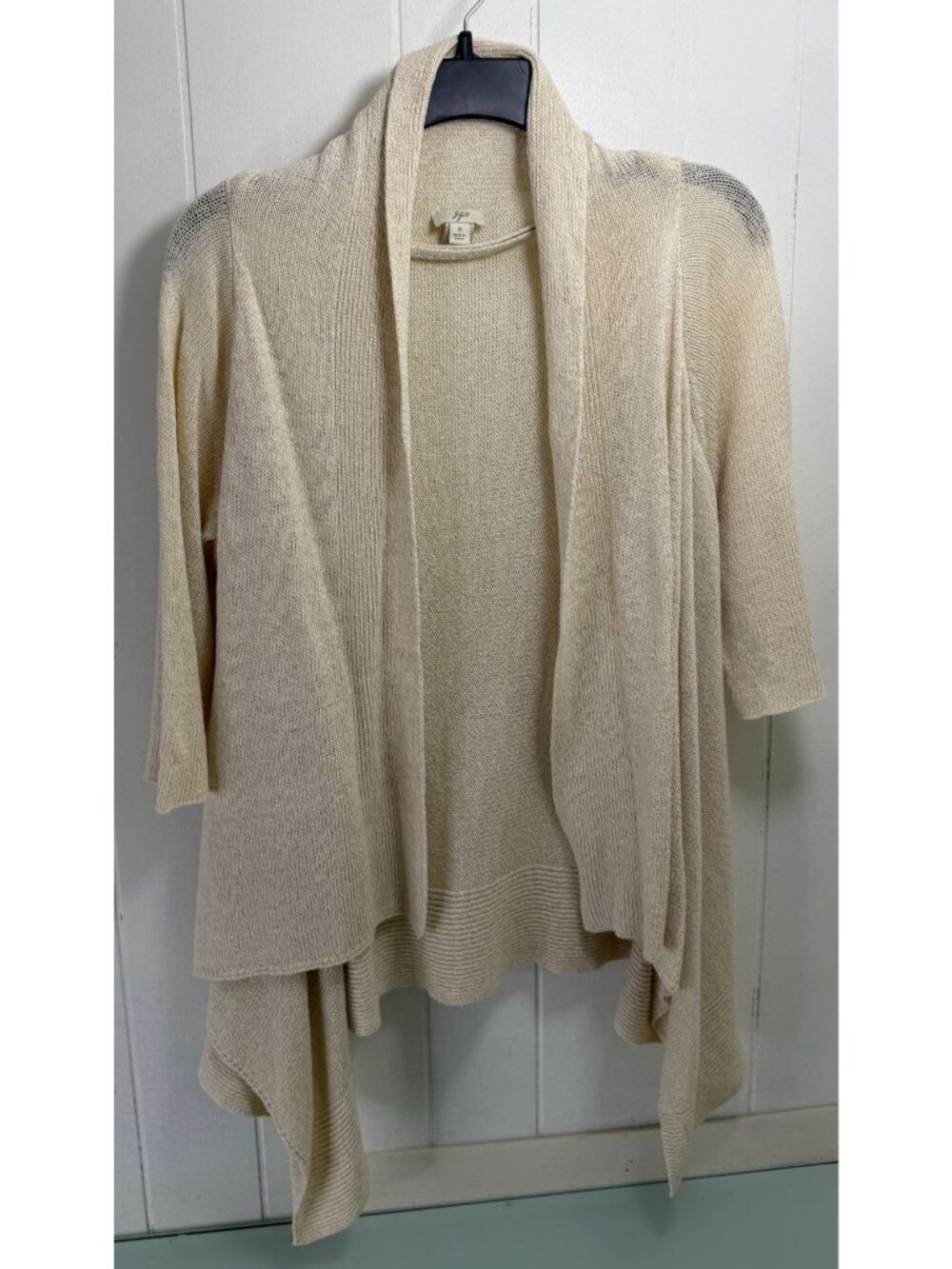 J Jill Open Front Cardigan Sweater Women's Small S Linen Blend 3/4 Sleeves Beige